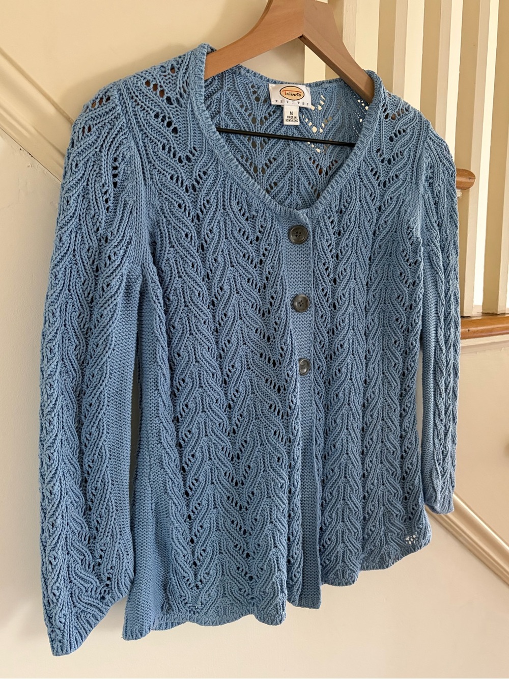 1990s Vintage Talbots Light Blue Open-Knit Button Cotton Cardigan Sweater